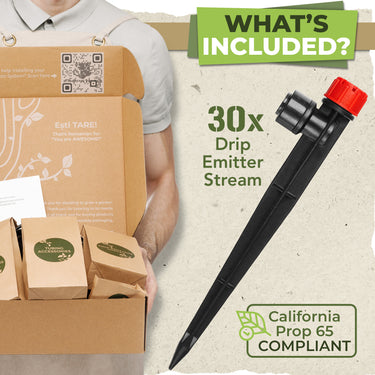 The kit includes 30 x Quick Connect Irrigation Emitters Sprays and 1 x Complete Instructions Guide (Hard Copy)